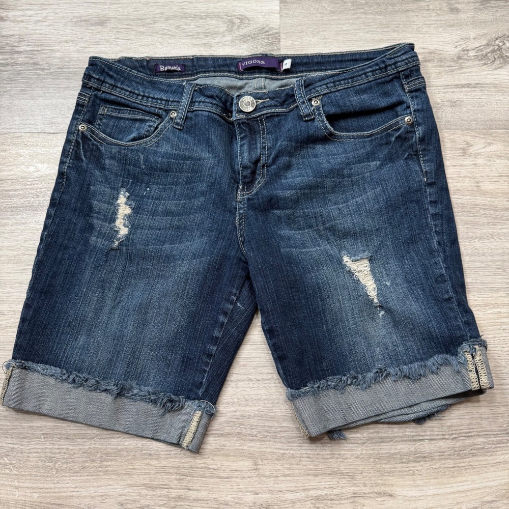 Vigoss Women Blue Distressed Denim Bermuda Shorts Size 11‎ Cuffed Frayed Hem